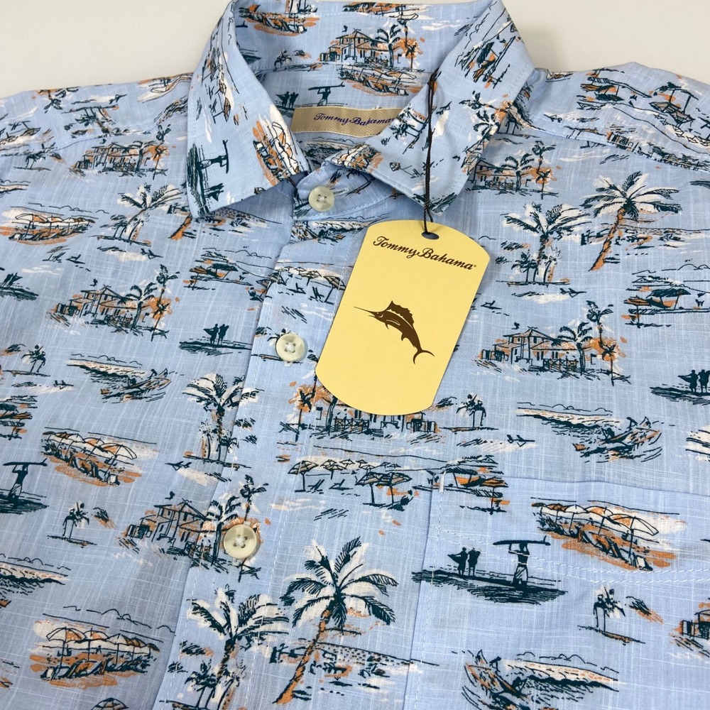 Tommy Bahama Mens L Blue Tropical Beach Scene Button Down Shirt NEW Short Sleeve